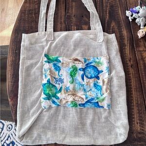 COASTAL Linen Tote Bag with Ocean Print Pocket TURTLES 15"x16" bag 15"x28" total